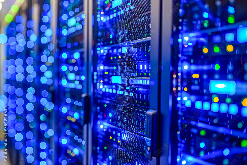 Server technology and networking in data center room, computing and communication infrastructure Server technology and networking in data center room, computing and communication infrastructure