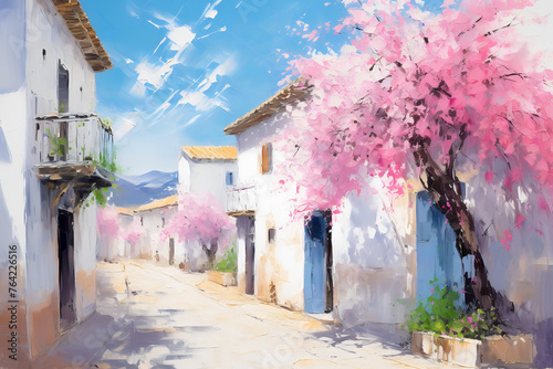 Old Spanish small town in spring. Oil painting in impressionism style. © Osadchyi_I