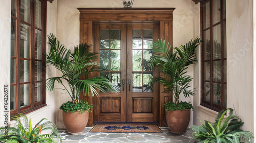 Modern farmhouse entryway, accentuated by vibrant potted plants. Wooden door with glass and forging adds a touch of luxury. --ar 16:9 --v 6.0 - Image #1 @Zubi