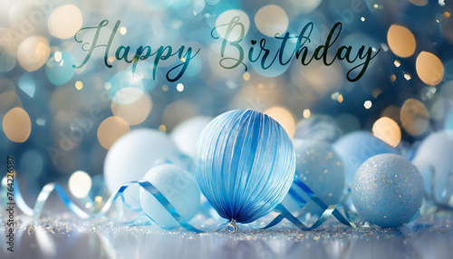 illustration of a card to wish a happy birthday represented by blue balls and ribbons on a background with circles of several colors in bokeh effect