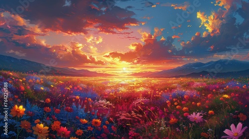 Sunset Over Field of Flowers