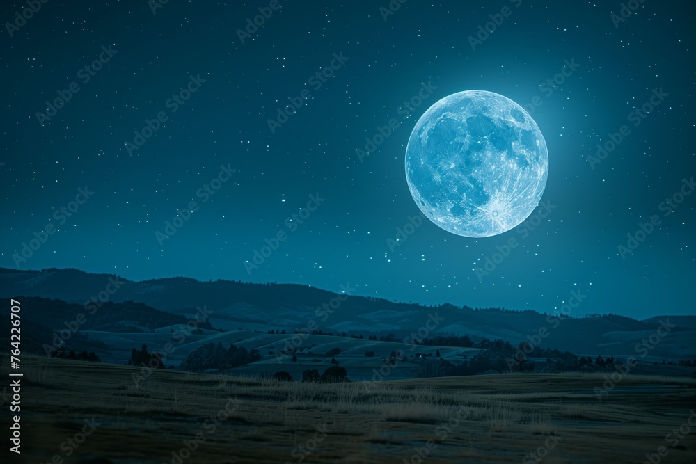 Glowing full moon over serene nighttime hills