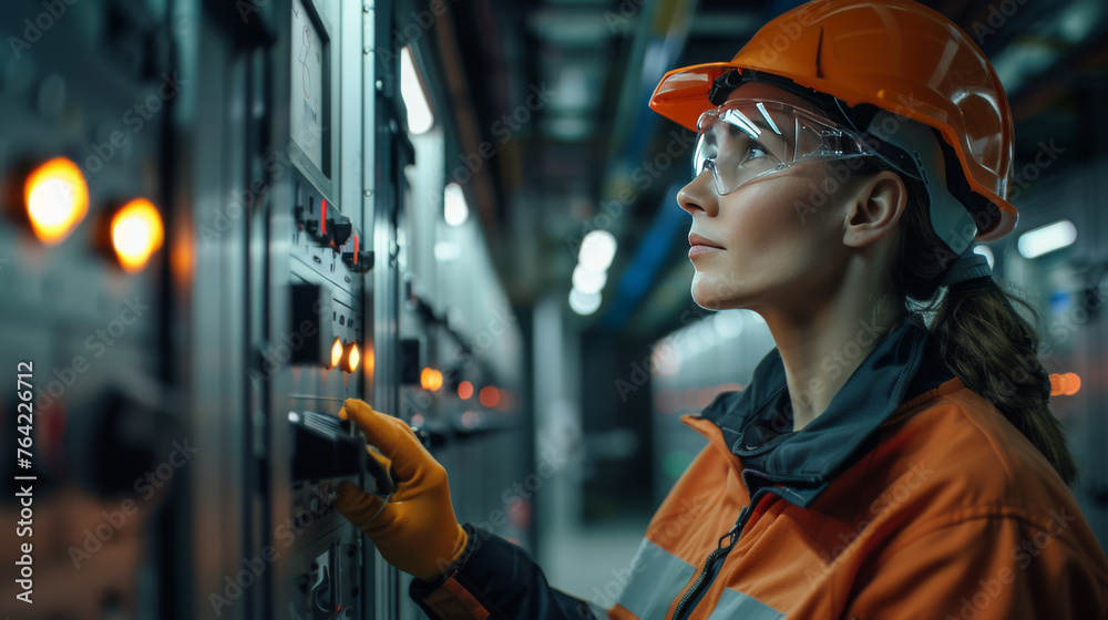 Skilled female electrician inspecting and operating a circuit breaker panel in an industrial setting.