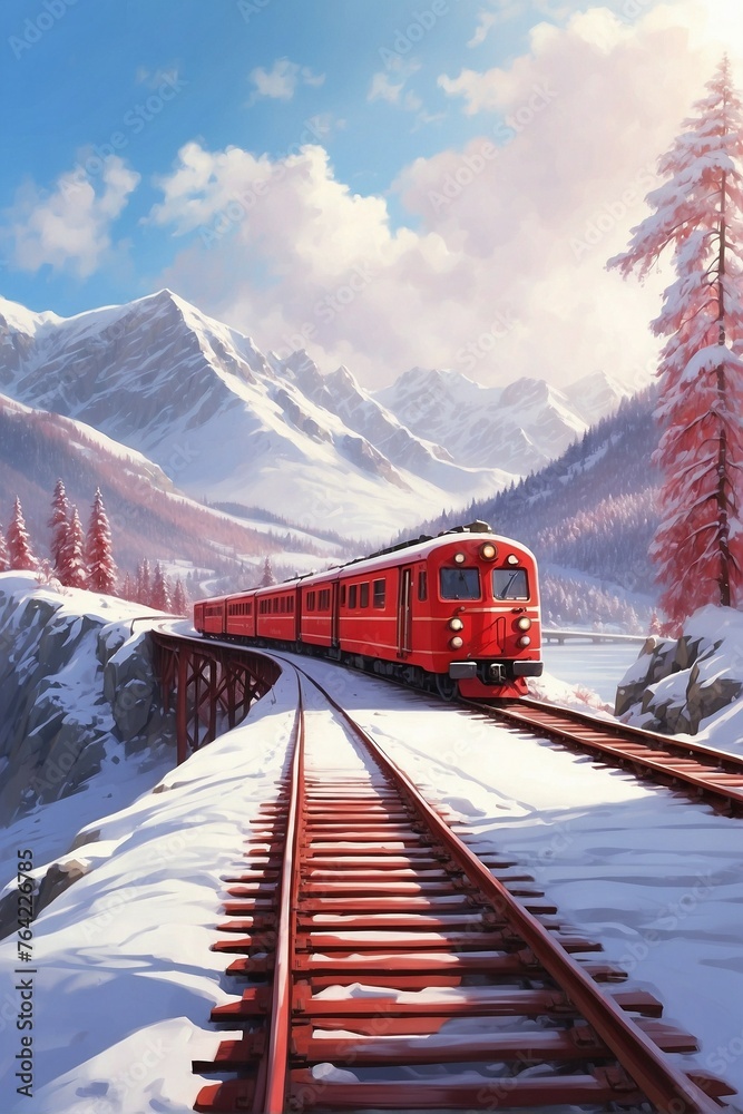 Red Train Traveling Along Railroad Tracks on a Snowy Bridge
