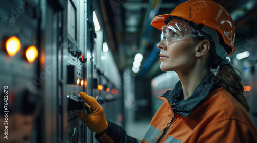 Skilled female electrician inspecting and operating a circuit breaker panel in an industrial setting.