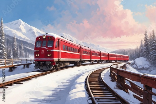 Red Train Traveling Along Railroad Tracks on a Snowy Bridge