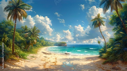 A Painting of a Beach With Palm Trees © olegganko