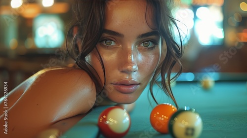 Woman Leaning on Pool Table With Balls