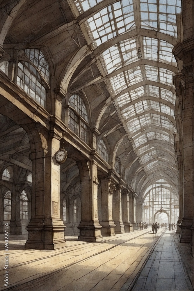 Railway Station with Clocks and Buttresses Railway Station with Clocks and Buttresses