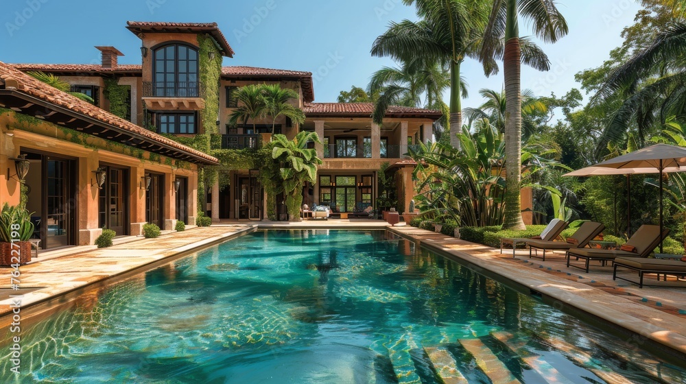 Fototapeta premium Pool Surrounded by Palm Trees and House