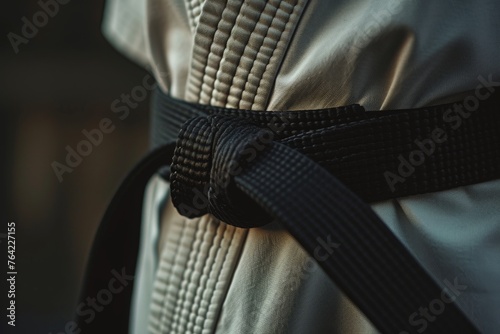 A person is seen wearing a black belt securely wrapped around their waist, Detailed image of a karate gi and black belt, AI Generated
