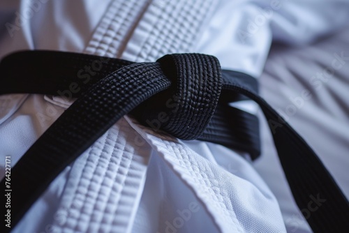 This close-up photo captures the intricate details of a black belt against the contrasting white fabric of a shirt, Detailed image of a karate gi and black belt, AI Generated