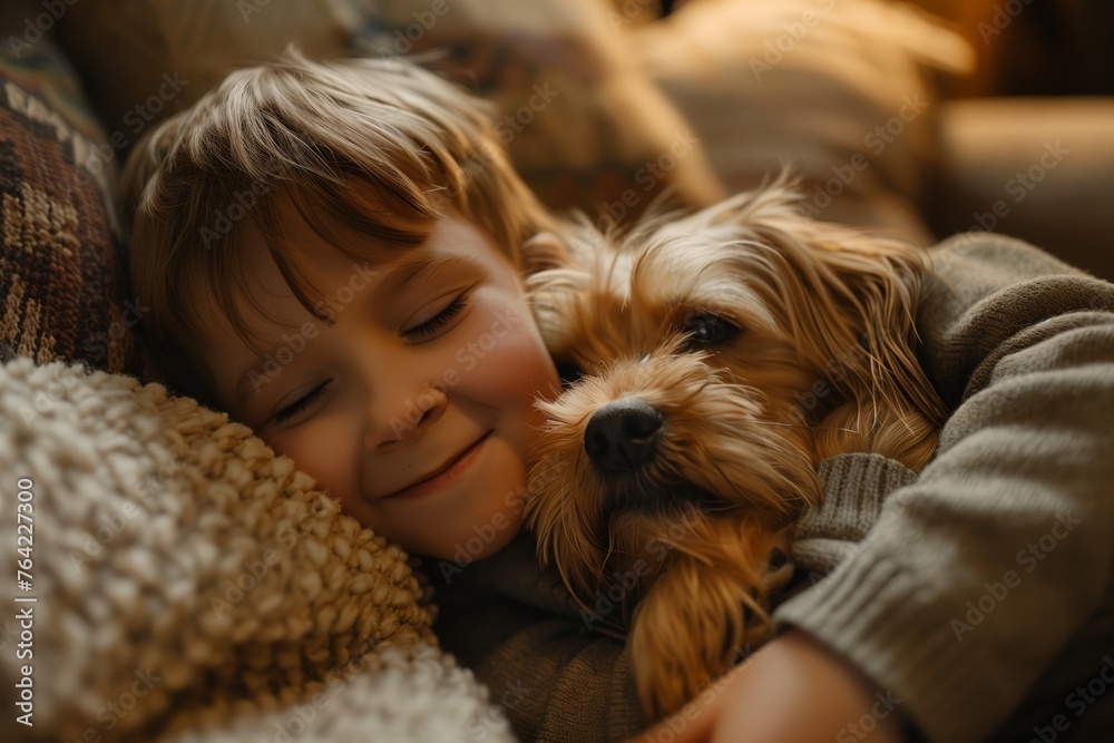 Relaxed dog cuddled in blankets with owner Relaxed dog cuddled in blankets with owner