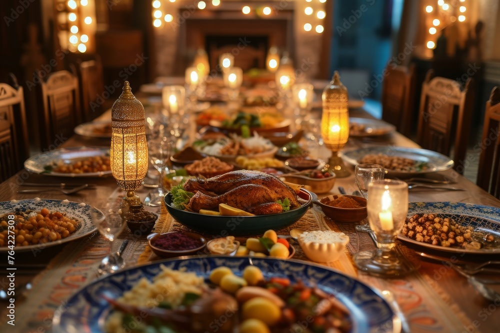 A photo of a long table covered in numerous plates of delicious food, representing a bountiful feast, Dinner table set for breaking the fast during Ramadan, AI Generated