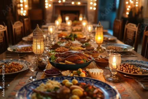 A photo of a long table covered in numerous plates of delicious food  representing a bountiful feast  Dinner table set for breaking the fast during Ramadan  AI Generated