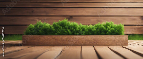 Wooden product display podium with natural green hedge and wooden planks background. Generated by Ai