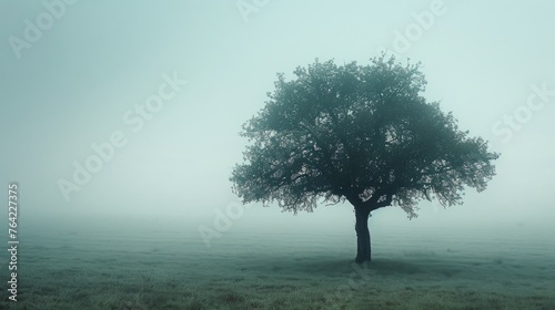 Lone Tree in Foggy Field © olegganko