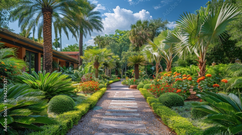 Tropical Garden Pathway With Palm Trees