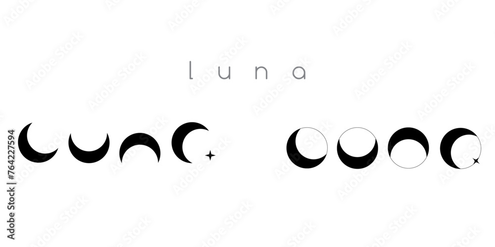 Minimalist word luna designed from crescent moons. Cosmic vector logo or sign. - obrazy, fototapety, plakaty 