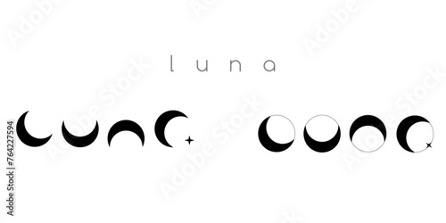 Minimalist word luna designed from crescent moons. Cosmic vector logo or sign.