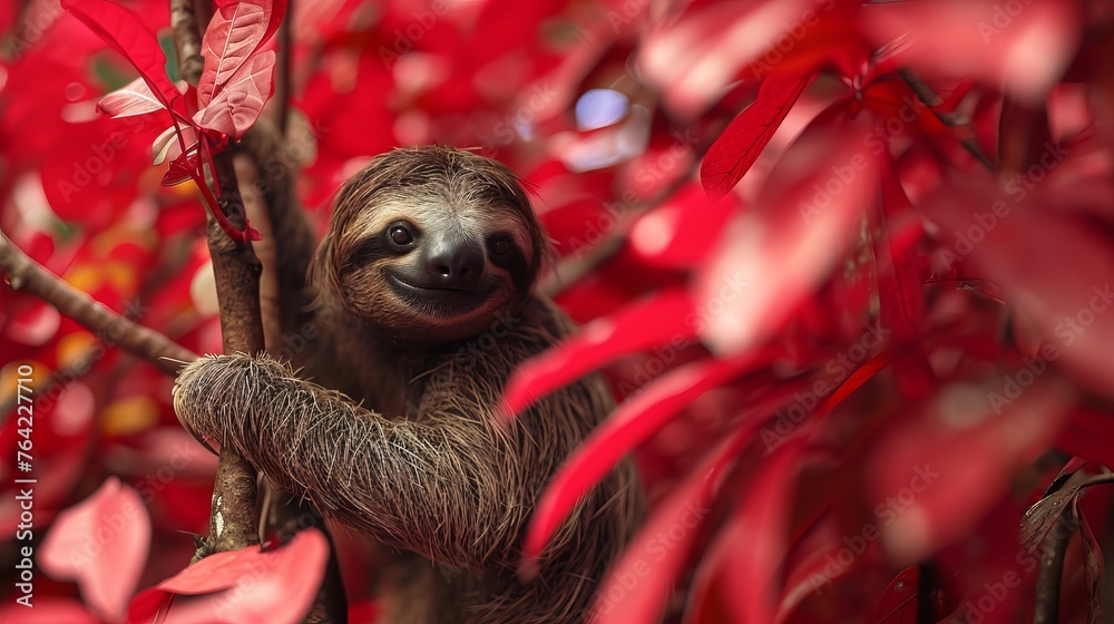 Fototapeta premium Rare Pygmy Three-Toed Sloth Hanging in Red Mangroves