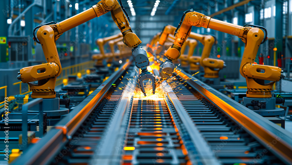 Automated robot arms in a car factory, industrial technology in automobile production