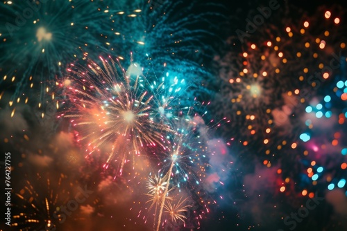 Colorful fireworks explode and light up the night sky with vibrant bursts and patterns, Eid festivities with colorful fireworks, AI Generated © Iftikhar alam