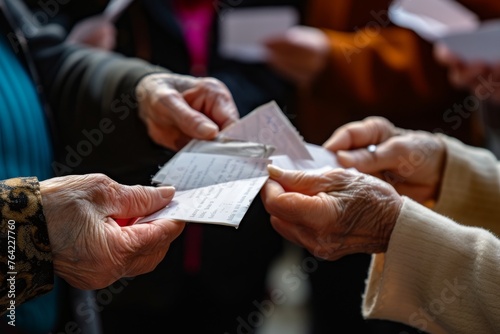 A diverse group of individuals standing together and holding papers in their hands, engaged in a discussion or presentation, Elderly hands distributing charity envelopes, AI Generated