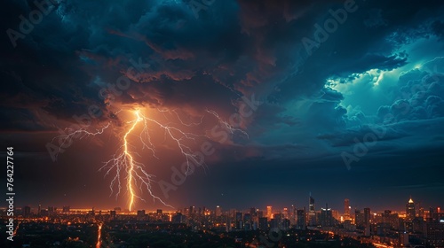 Ominous city skyline during severe thunderstorm photo