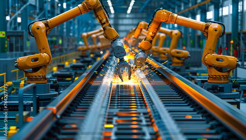 Obraz na płótnie Automated robot arms in a car factory, industrial technology in automobile production w salonie