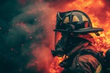 Firefighter Battling a Massive Fire, Firefighter in full gear getting ready to extinguish a massive fire, AI Generated