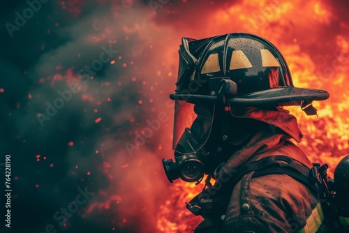 Firefighter Battling a Massive Fire, Firefighter in full gear getting ready to extinguish a massive fire, AI Generated