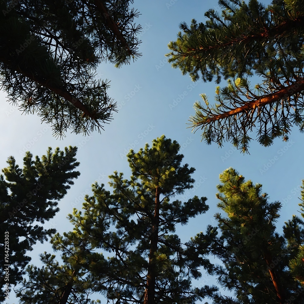 Pine trees in a forest and shiny sky view landscape Pine trees in a forest and shiny sky view landscape