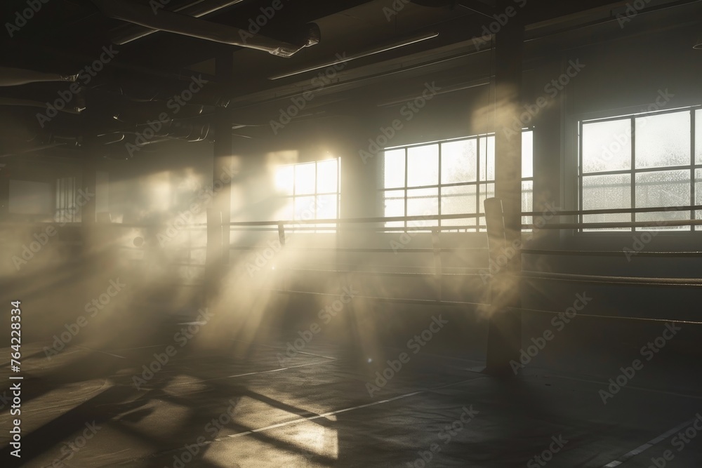 A photograph showing the sunlight streaming through the windows of a building, illuminating the interior, Fog-filled boxing gym at dawn with the sun streaming through broken windows, AI Generated