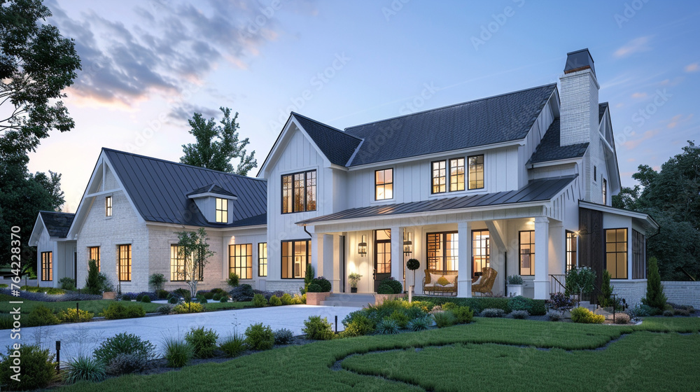 Soft twilight hues embrace the modern farmhouse luxury home exterior, enhancing its inviting appeal. --ar 16:9 --v 6.0 - Image #2 @Zubi Soft twilight hues embrace the modern farmhouse luxury home exterior, enhancing its inviting appeal. --ar 16:9 --v 6.0 - Image #2 @Zubi