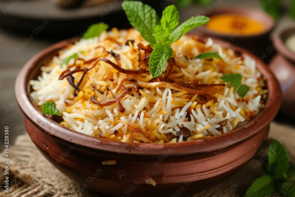 A detailed view of a bowl filled with food placed on a table, Freshly cooked biryani in an earthen pot, garnished with mint leaves and fried onions, AI Generated A detailed view of a bowl filled with food placed on a table, Freshly cooked biryani in an earthen pot, garnished with mint leaves and fried onions, AI Generated