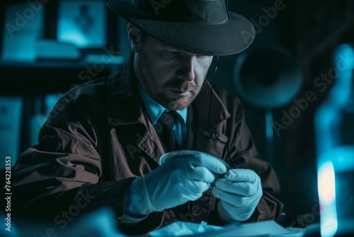 A man wearing a hat and gloves attentively observes something while standing outdoors, Forensic detective at a crime scene analyzing clues, AI Generated