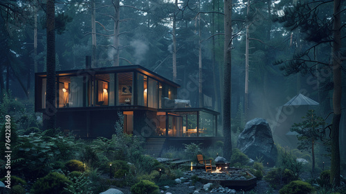 Sleek modern cabin house nestled in the forest, complemented by a nearby glass cottage emitting a warm ambiance in the darkness. --ar 16:9 --v 6.0 - Image #3 @Zubi
