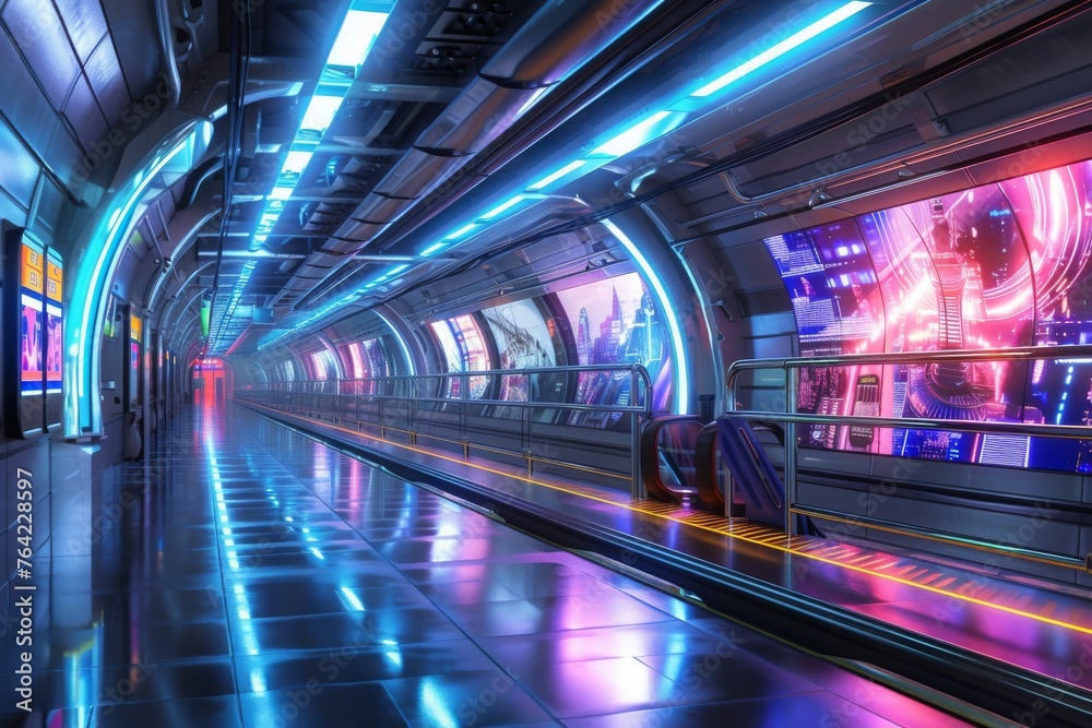 A brightly illuminated hallway with futuristic design and vibrant neon lights, Futuristic subway station with magnetic trains and holographic ads, AI Generated A brightly illuminated hallway with futuristic design and vibrant neon lights, Futuristic subway station with magnetic trains and holographic ads, AI Generated