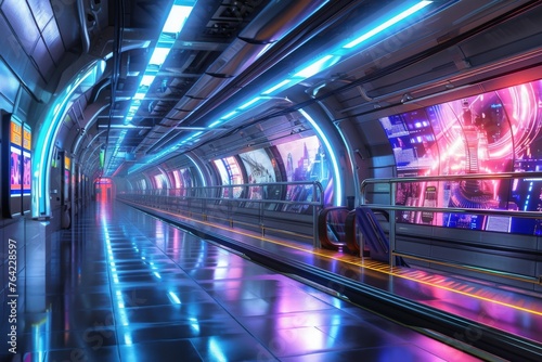 A brightly illuminated hallway with futuristic design and vibrant neon lights, Futuristic subway station with magnetic trains and holographic ads, AI Generated