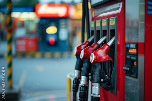 A line of gas pumps, painted in red and black, standing in perfect alignment, ready for fueling vehicles, Gas pump with escalating prices indicating inflation, AI Generated photo