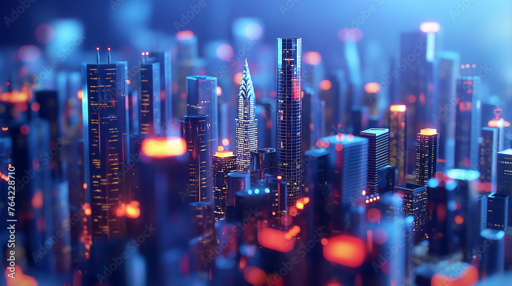 A dazzling 3D render of a futuristic cityscape bathed in neon blue and red lights, evoking a cyberpunk aesthetic