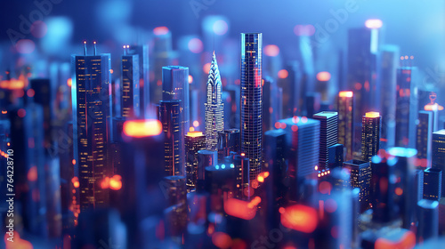 A dazzling 3D render of a futuristic cityscape bathed in neon blue and red lights  evoking a cyberpunk aesthetic