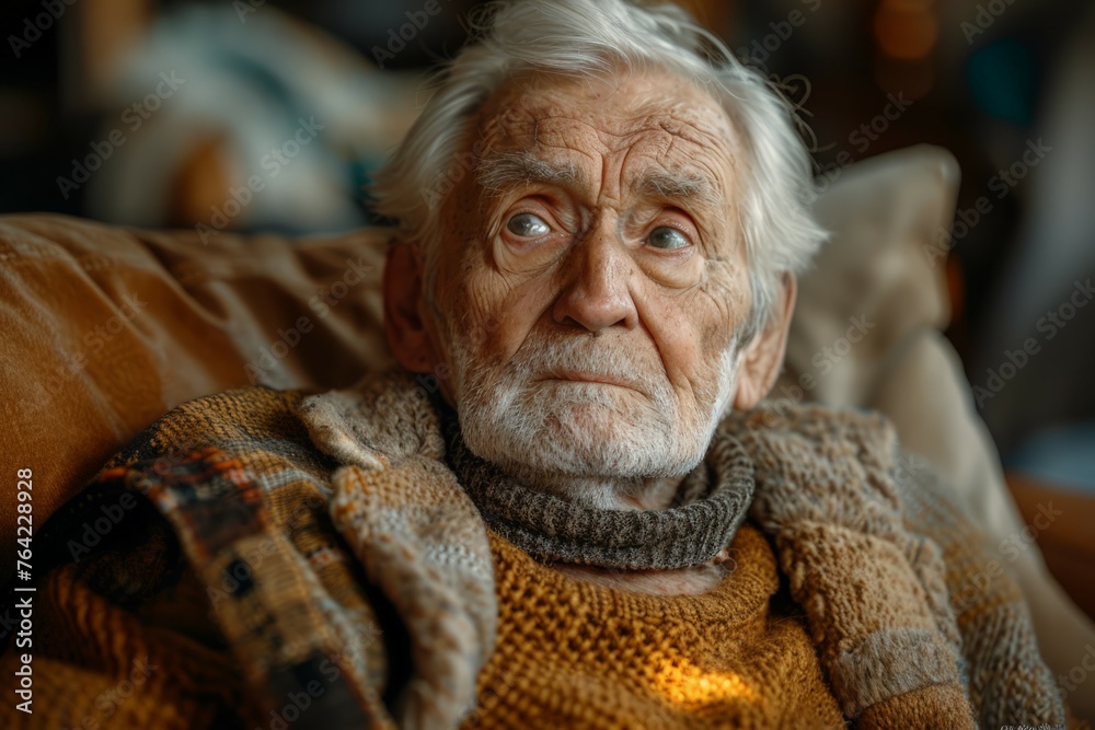 Elderly Man Resting on Brown Couch