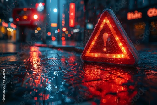 Red Triangle Sign on Wet Street