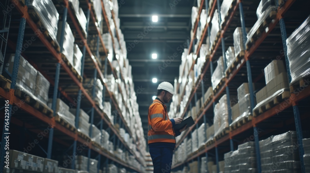 A warehouse employee in a high visibility vest uses a digital tablet to manage inventory in a large distribution center. AIG41 - obrazy, fototapety, plakaty 