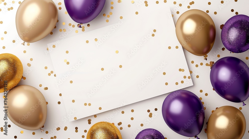 Fototapeta premium Golden and purple balloons with glitter decoration. Template for birthday greeting card. Empty copyspace for your text
