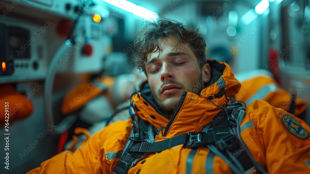 Man in Orange Jacket Sleeping on Train
