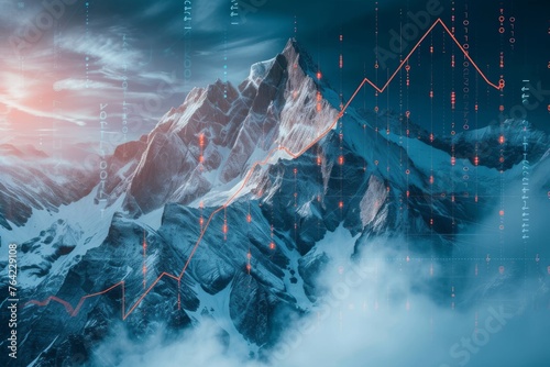 A photo capturing the juxtaposition of a mountain with a line graph rising into the sky, Graph lines with currency symbols climbing steep mountains, AI Generated photo