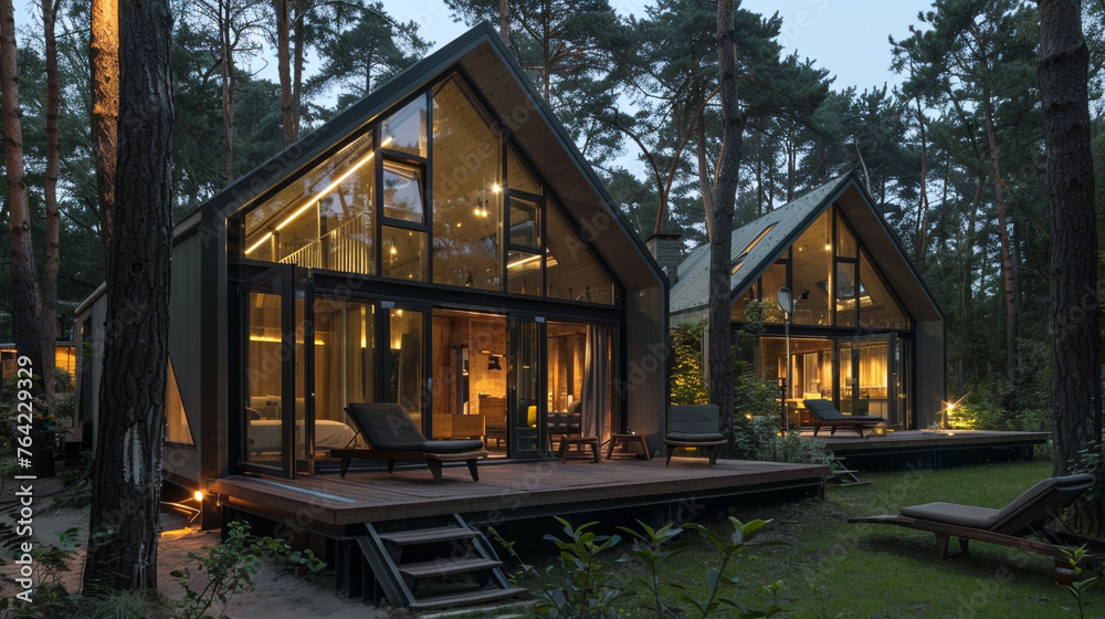 Stylish forest villa designed for luxury glamping, complemented by contemporary glass cottage in the tranquil night. --ar 16:9 --v 6.0 - Image #3 @Zubi Stylish forest villa designed for luxury glamping, complemented by contemporary glass cottage in the tranquil night. --ar 16:9 --v 6.0 - Image #3 @Zubi